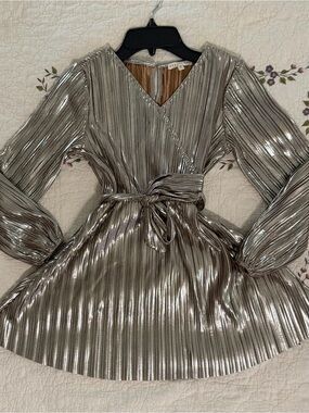 Copper Key Metallic Silver Pleated Wrap Dress with Tie